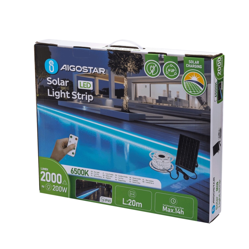 Aigostar - Soldrevet LED strip dæmpbar LED/20W/3,2V 20 m 6500K IP65 + fjernbetjening