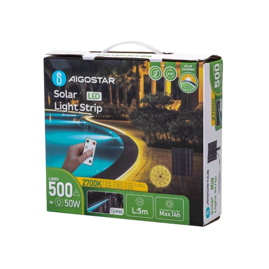 Aigostar - Soldrevet LED strip dæmpbar LED/5W/3,2V 5 m 2700K IP65 4000 mAh + fjernbetjening