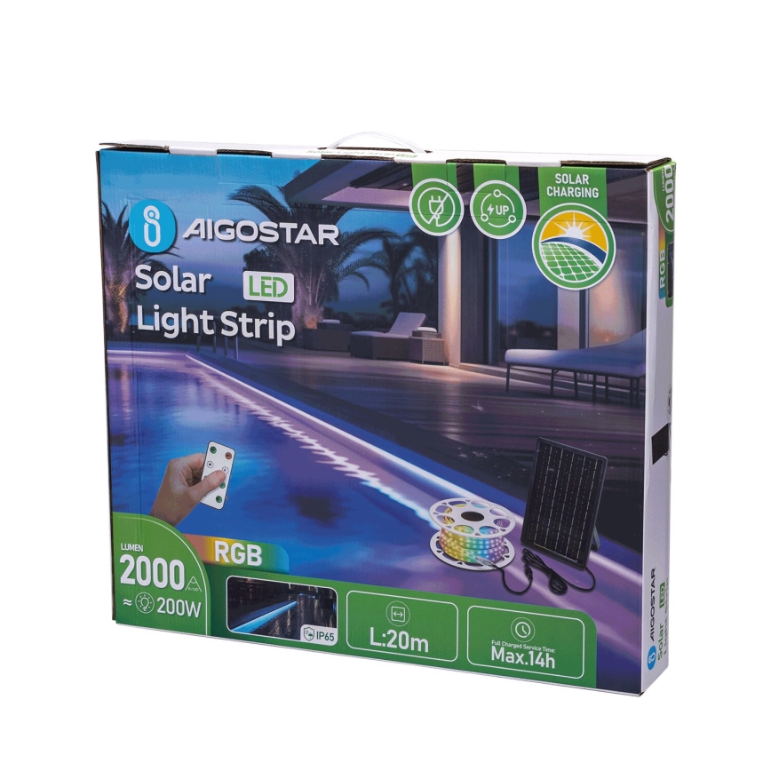 Aigostar - Soldrevet LED strip m. RGB-farver dæmpbar LED/20W/3,2V 20 m IP65 20000 mAh + fjernbetjening