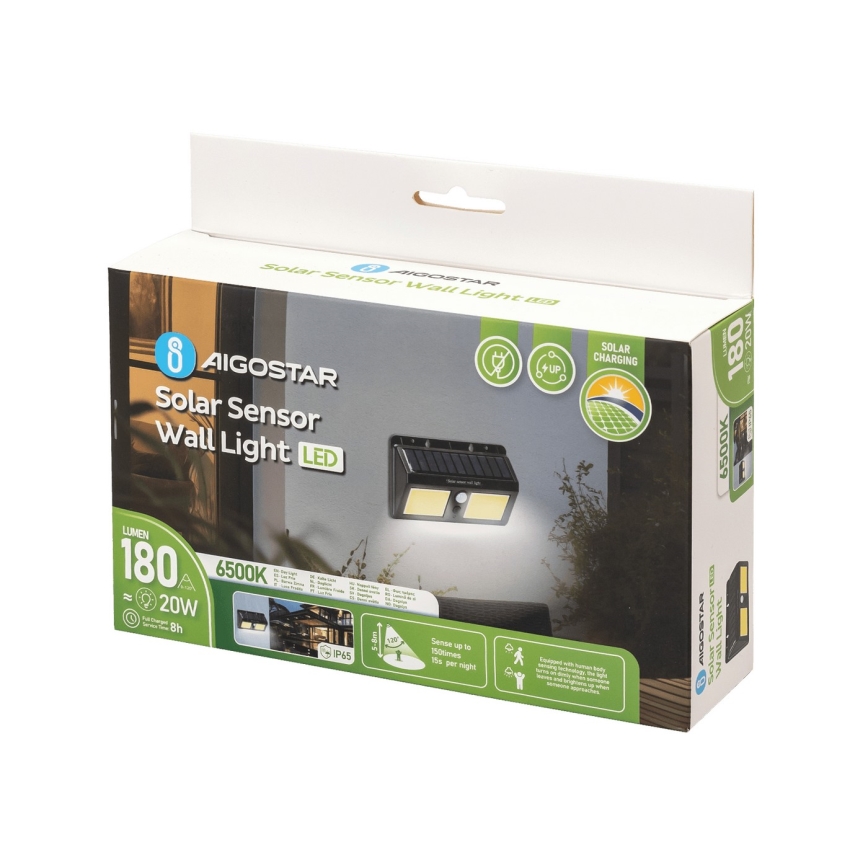 Aigostar - Soldrevet LED væglampe med sensor LED/20W/5,5V 2400 mAh 6500K IP65