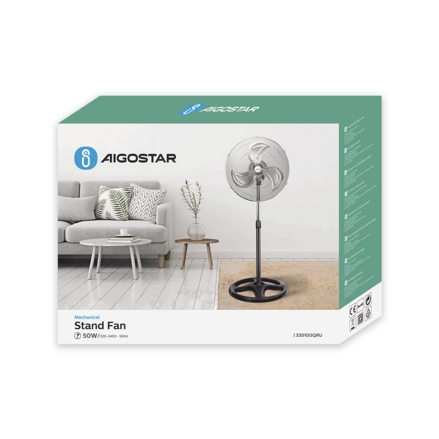 Aigostar - Stående ventilator 50 W/230 V, Ø 50 cm, krom/sort