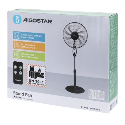 Aigostar - Stående ventilator 55W/230V, 130 cm, sort – med fjernbetjening