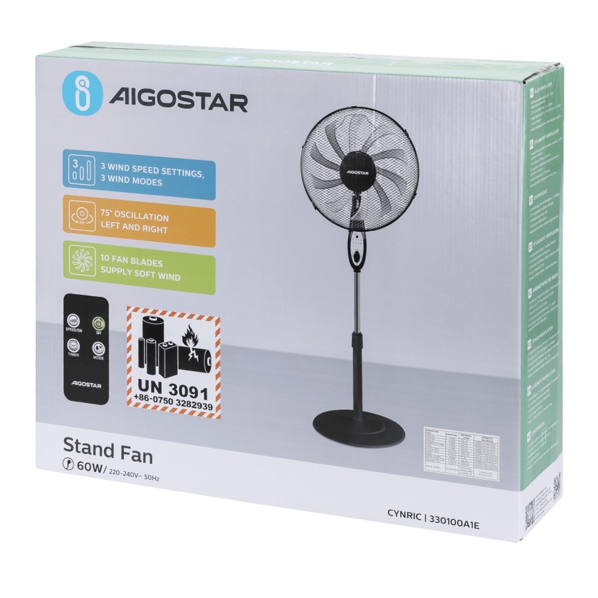 Aigostar - Stående ventilator 55W/230V, 130 cm, sort – med fjernbetjening