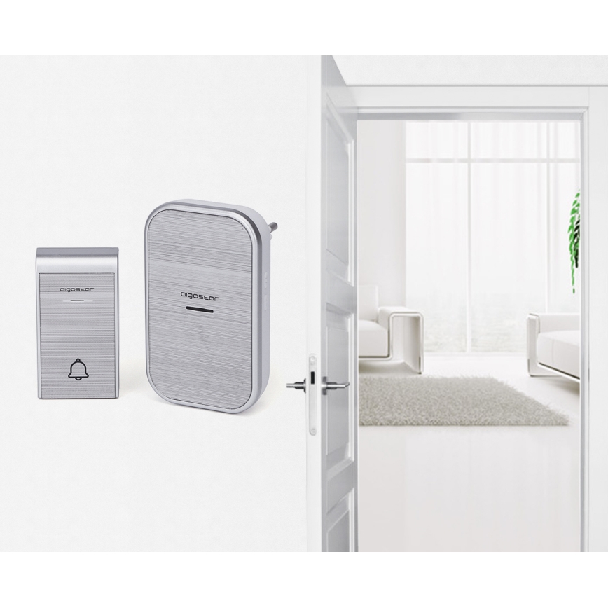 Aigostar - SÆT 2x Trådløs plugin-dørklokke 230V/12V IP44 sølvfarvet