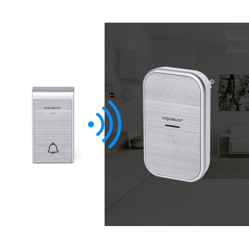 Aigostar - SÆT 2x Trådløs plugin-dørklokke 230V/12V IP44 sølvfarvet