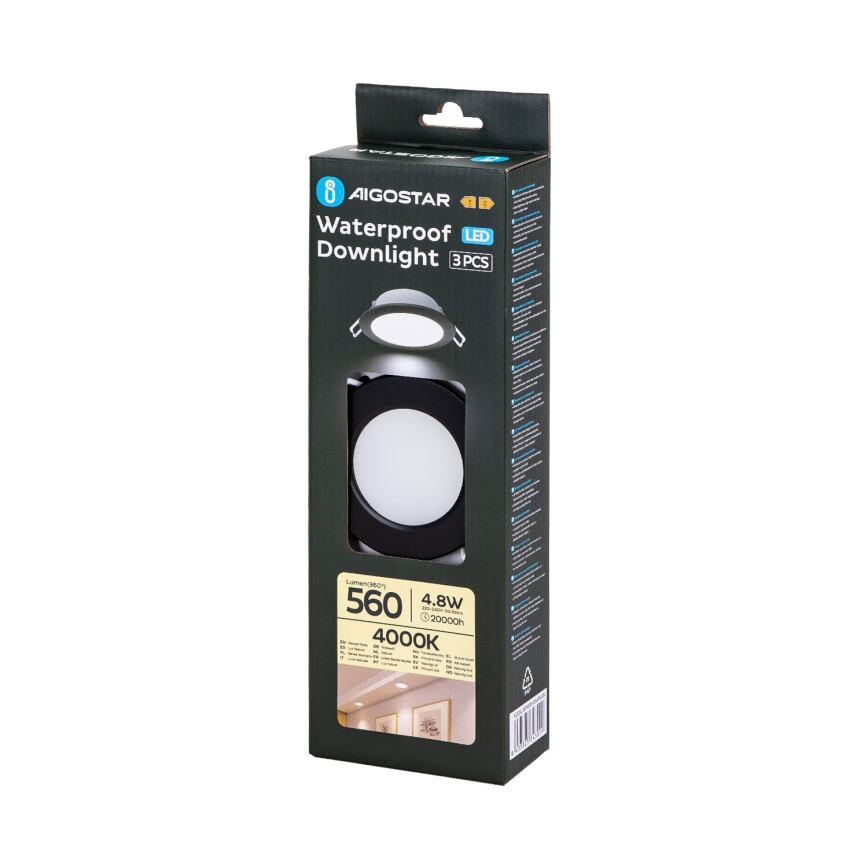 Aigostar - SÆT 3x Udendørs LED indbygningslampe LED/4,8W/230V 4000K IP65 sort