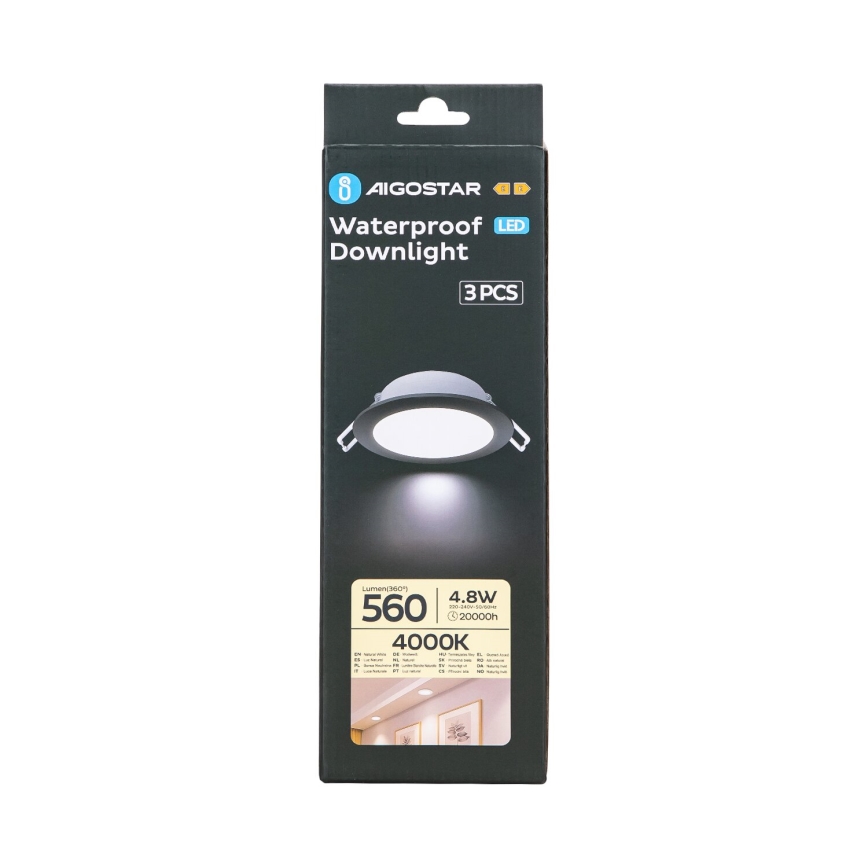 Aigostar - SÆT 3x Udendørs LED indbygningslampe LED/4,8W/230V 4000K IP65 sort