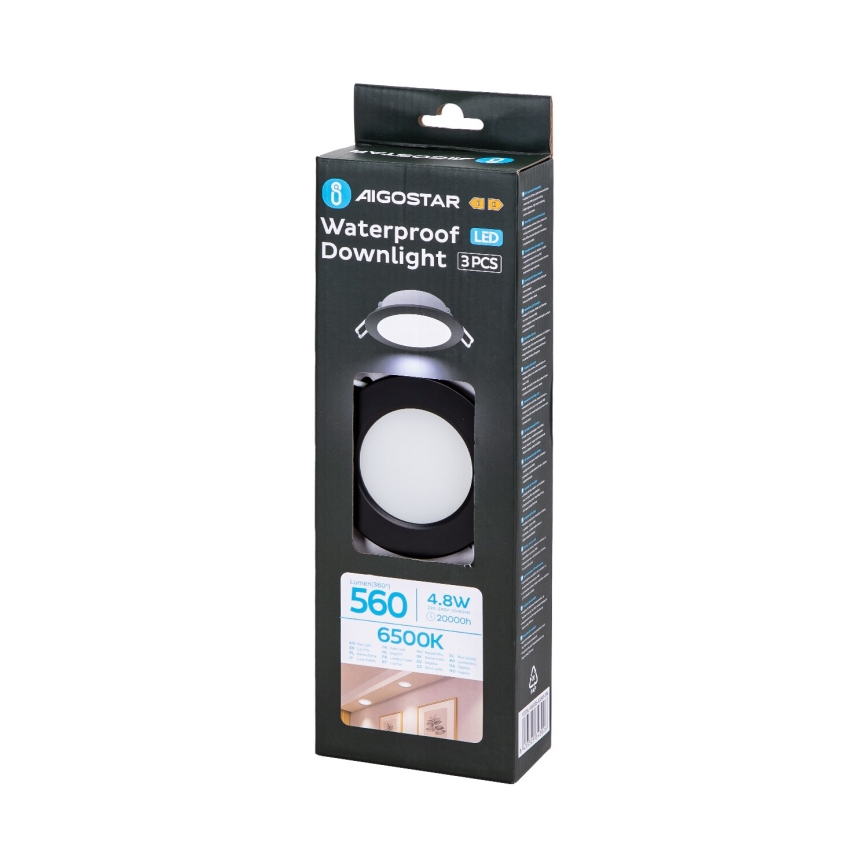 Aigostar - SÆT 3x Udendørs LED indbygningslampe LED/4,8W/230V 6500K IP65 sort