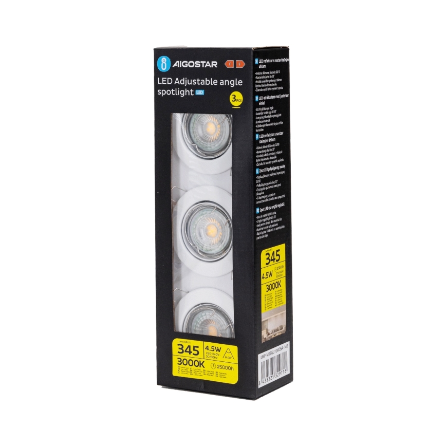 Aigostar - Sæt med 3 LED indbygningsspot 1xGU10/4,5W/230V 3000K hvid