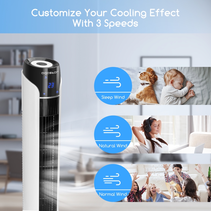 Aigostar - Tårnventilator 50W/230V sort/hvid + fjernbetjening