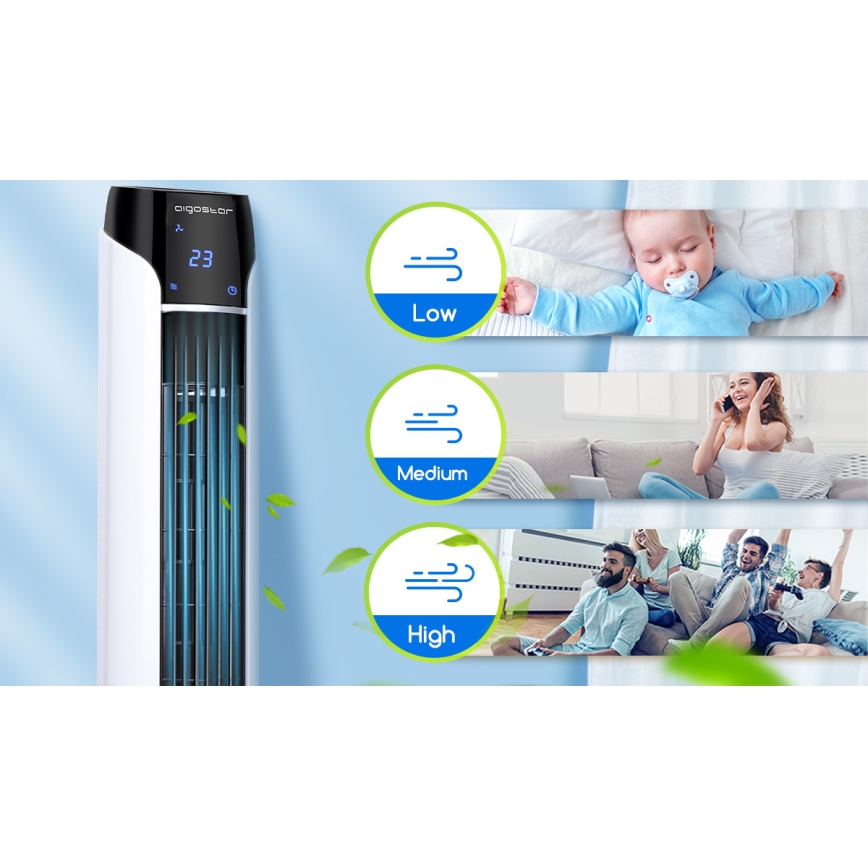 Aigostar - Tårnventilator 50W/230V sort/hvid + fjernbetjening