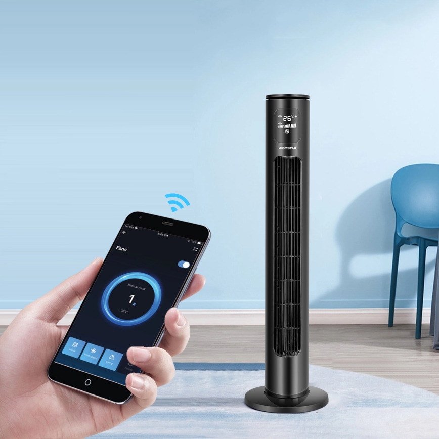 Aigostar - Tårnventilator 50W/230V sort Wi-Fi + fjernbetjening