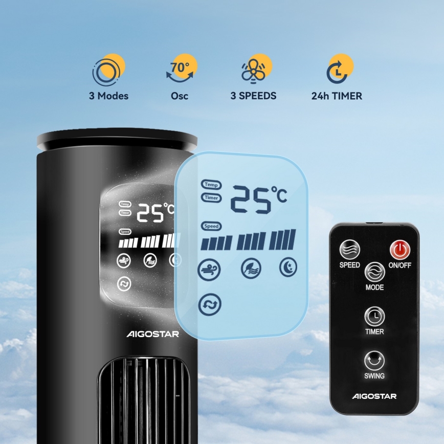 Aigostar - Tårnventilator 50W/230V sort Wi-Fi + fjernbetjening