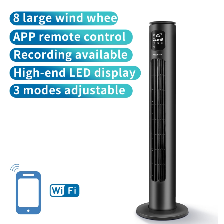 Aigostar - Tårnventilator 50W/230V sort Wi-Fi + fjernbetjening