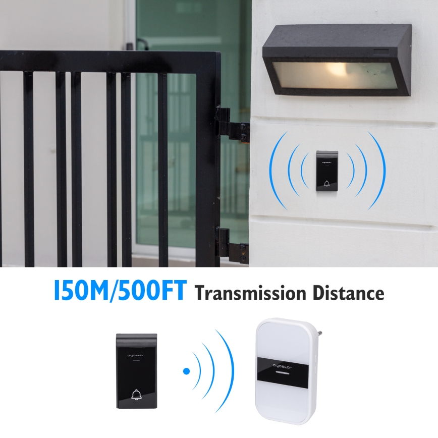 Aigostar - Trådløs dørklokke til stikkontakt 230V/12V IP44 hvid/sort