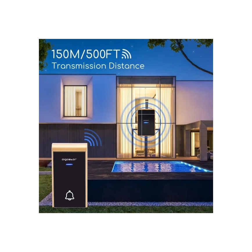 Aigostar - Trådløs dørklokke 3xAA IP44 sort/kobberfarvet