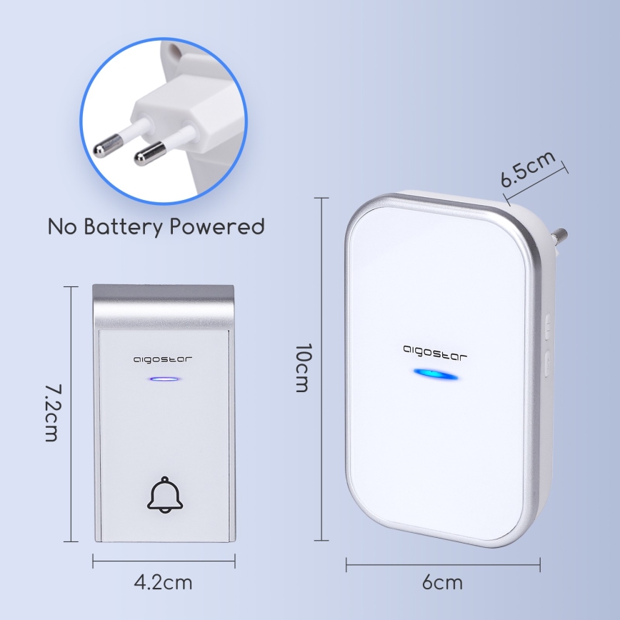 Aigostar - Trådløs dørklokke til stikkontakt 230V/12V IP44 hvid
