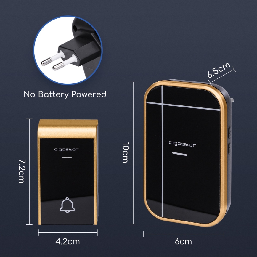 Aigostar - Trådløs dørklokke til stikkontakt 230V/12V IP44 sort
