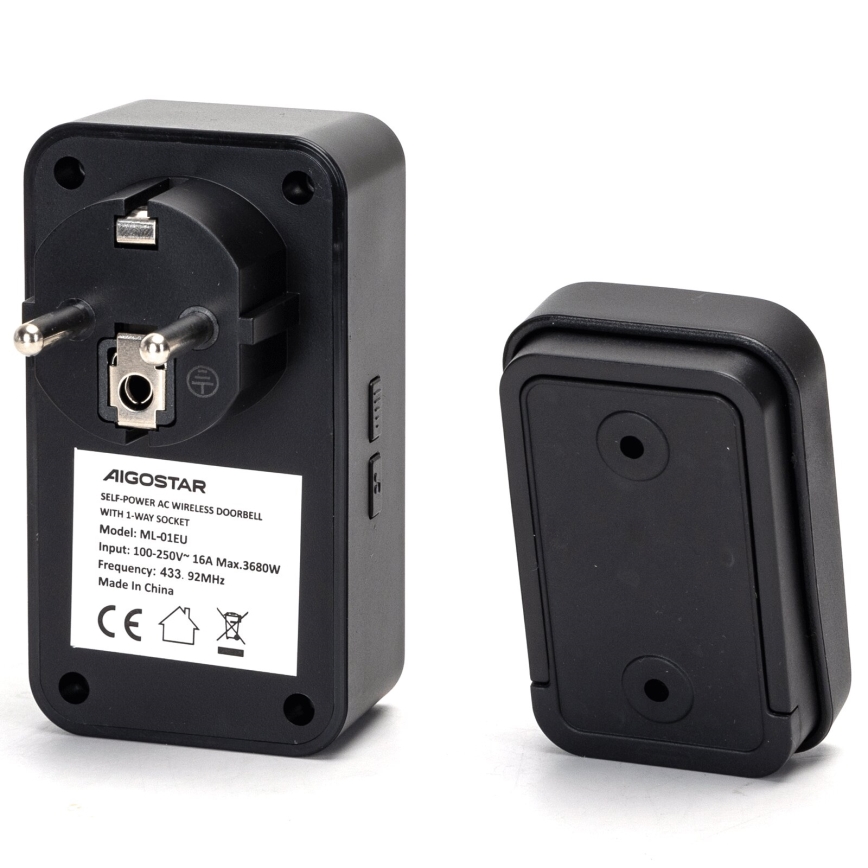 Aigostar - Trådløs plugin-dørklokke 1Z 230V IPX4 sort