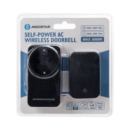 Aigostar - Trådløs plugin-dørklokke 1Z 230V IPX4 sort