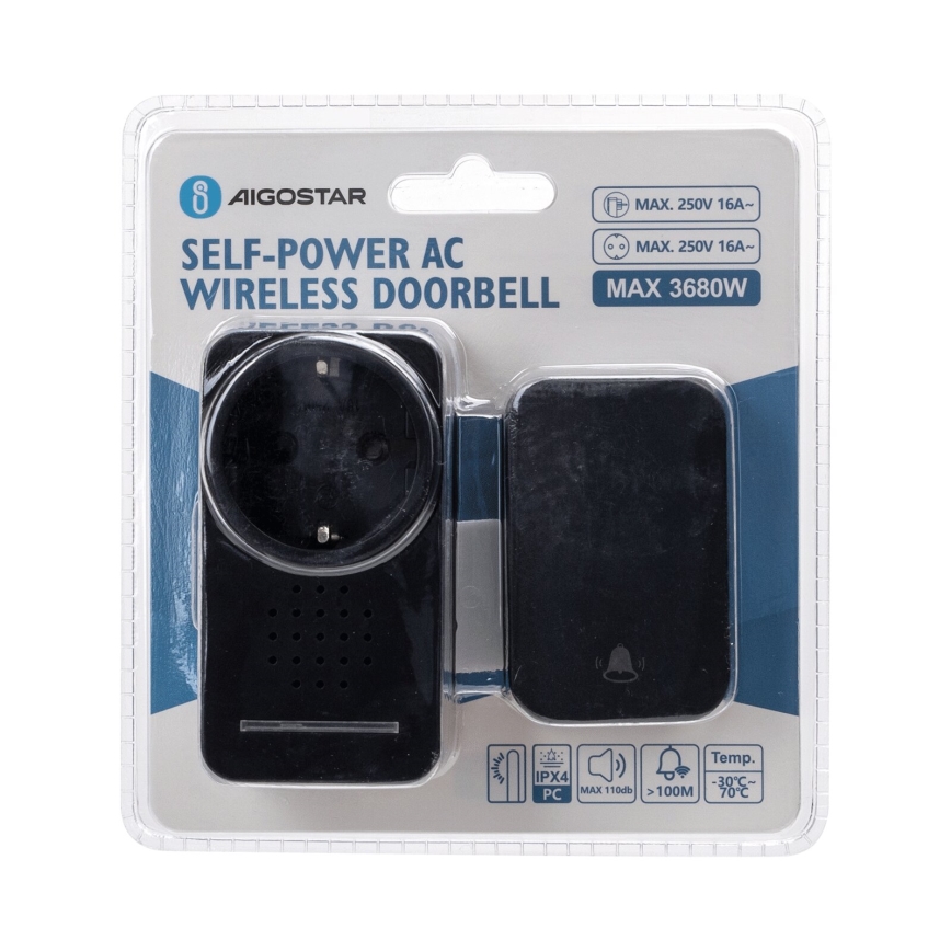 Aigostar - Trådløs plugin-dørklokke 1Z 230V IPX4 sort