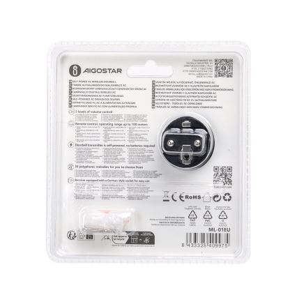 Aigostar - Trådløs plugin-dørklokke 1Z 230V IPX4 sort