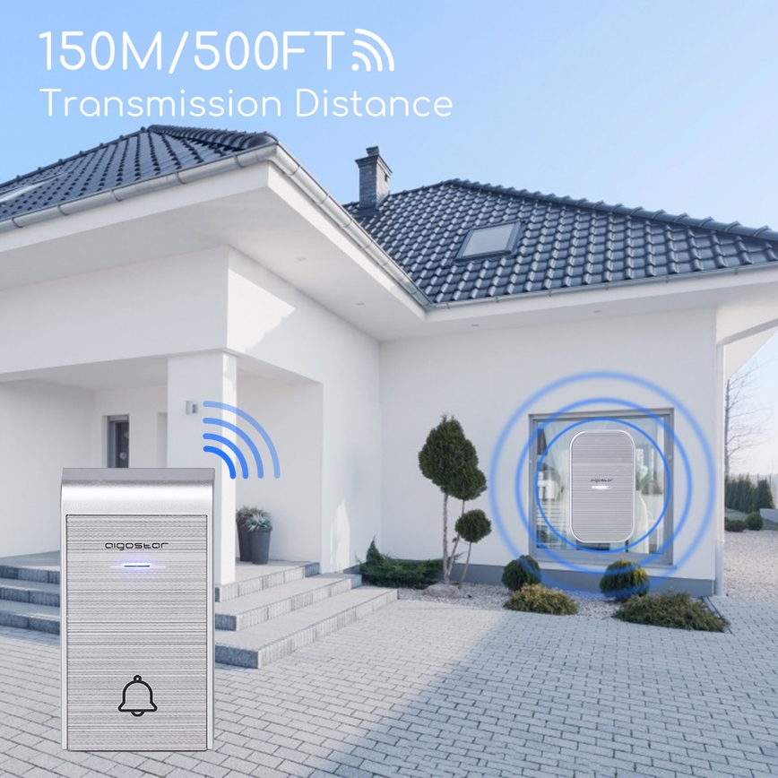 Aigostar - Trådløs plugin-dørklokke 230V/12V IP44 sølvfarvet