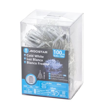 Aigostar - Udendørs LED julelyskæde 100xLED/8 funktioner/3xAA 10,3 m IP44 kold hvid
