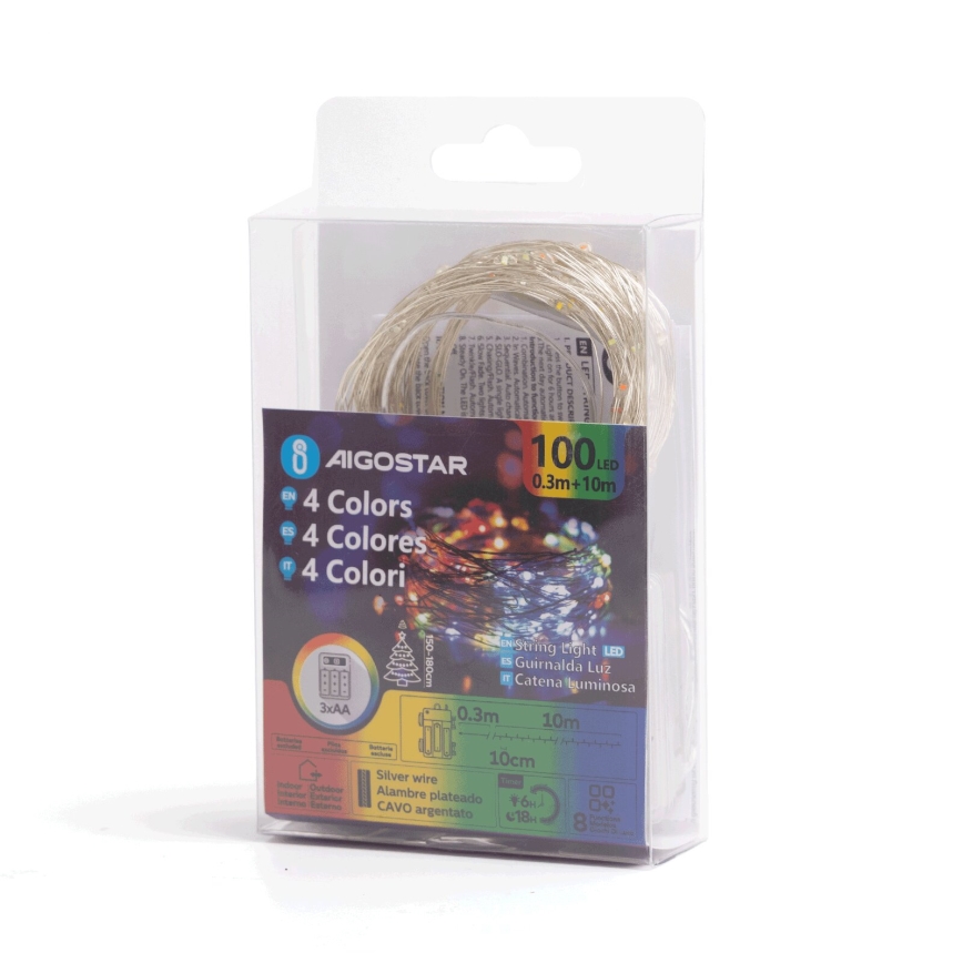 Aigostar - Udendørs LED julelyskæde 100xLED/8 funktioner/3xAA10,3 m IP44 flerfarvet