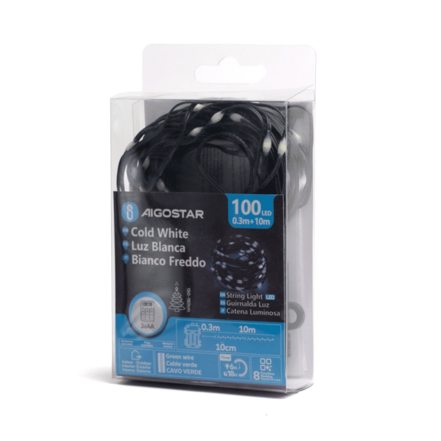 Aigostar - Udendørs LED julelyskæde 100xLED/8 funktioner 10,3m IP44 kold hvid