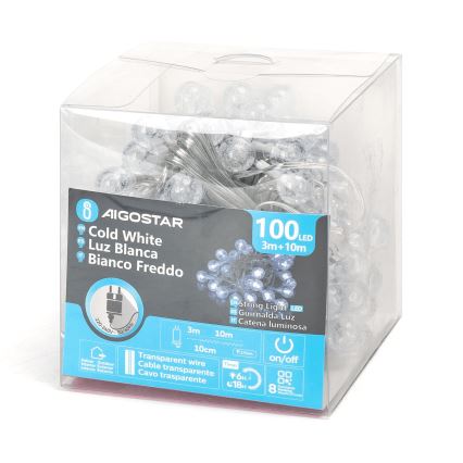 Aigostar - Udendørs LED julelyskæde 100xLED/8 funktioner 13m IP44 kold hvid