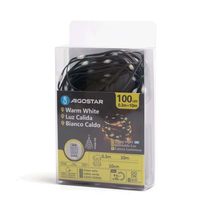 Aigostar - Udendørs LED julelyskæde 100xLED/8 funktioner 3xAA 10,3 m IP44 varm hvid