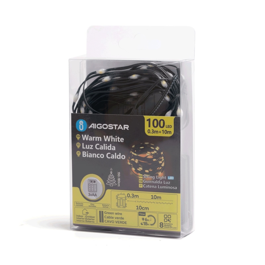 Aigostar - Udendørs LED julelyskæde 100xLED/8 funktioner 3xAA 10,3 m IP44 varm hvid