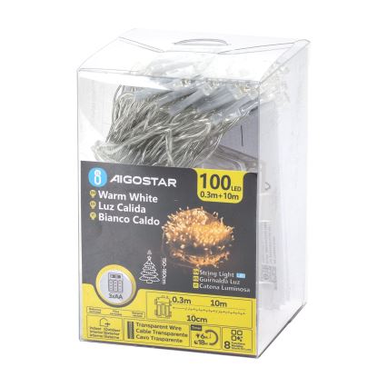 Aigostar - Udendørs LED julelyskæde 100xLED/8 funktioner 3xAA 10,3 m IP44 varm hvid