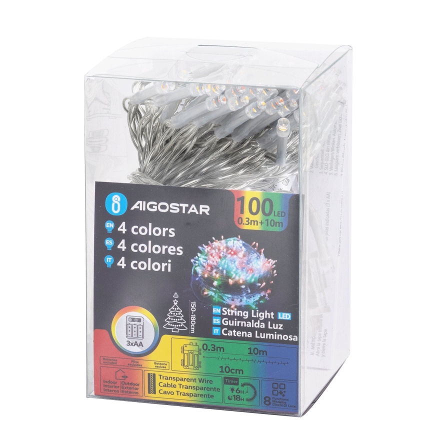 Aigostar -Udendørs LED julelyskæde 100xLED/8 funktioner 3xAA 10,3m IP44 flerfarvet