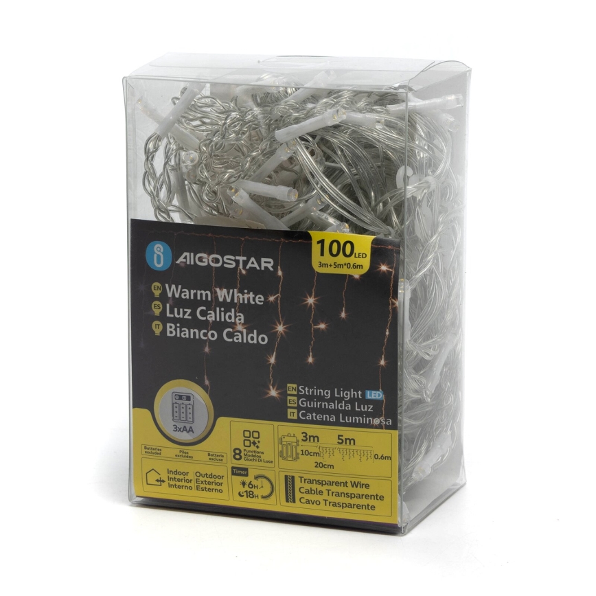 Aigostar-Udendørs LED julelyskæde 100xLED/8 funktioner 3xAA 8x0,6m IP44 varm hvid