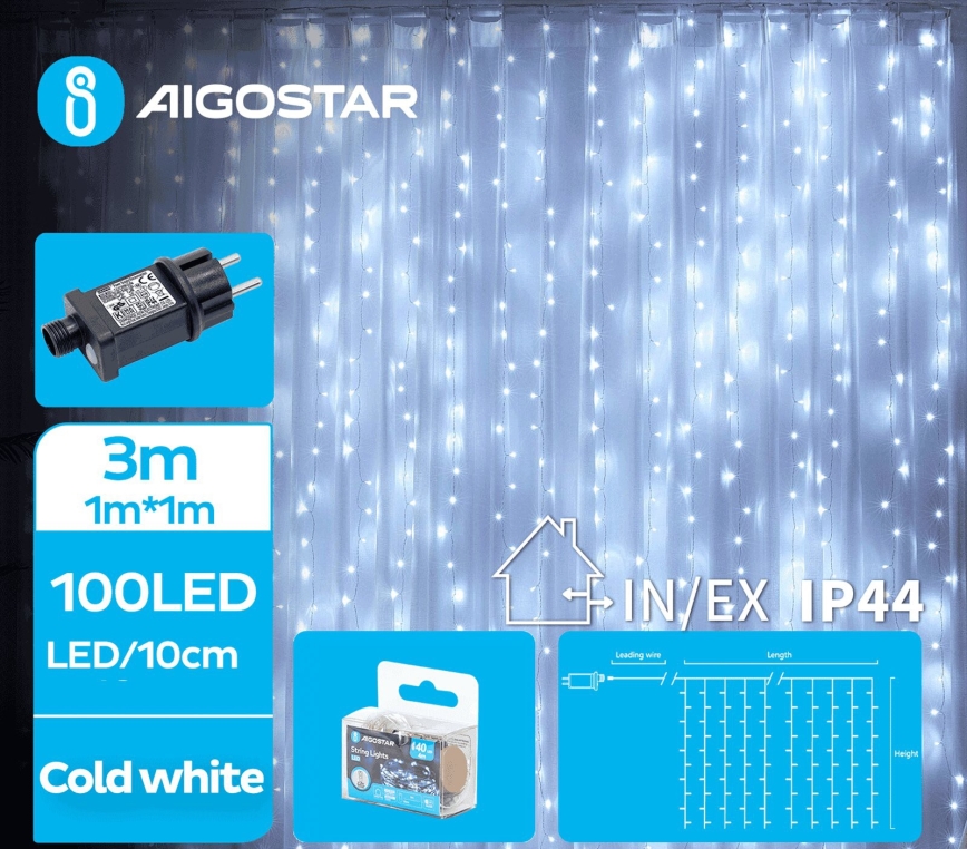 Aigostar - Udendørs LED julelyskæde 100xLED/8 funktioner 4x1m IP44 kold hvid