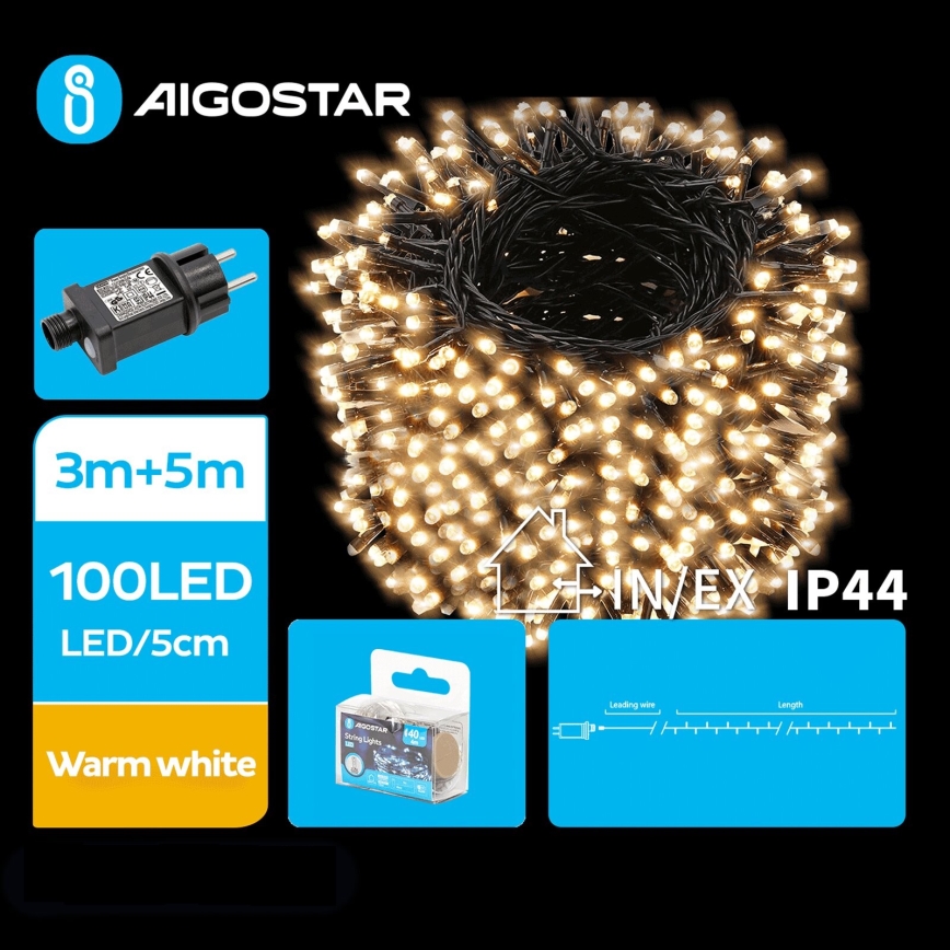 Aigostar - Udendørs LED julelyskæde 100xLED/8 funktioner 8m IP44 varm hvid