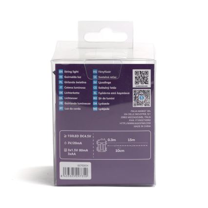 Aigostar - Udendørs LED julelyskæde 150xLED/8 funktioner/3xAA 15,3 m IP44 kold hvid