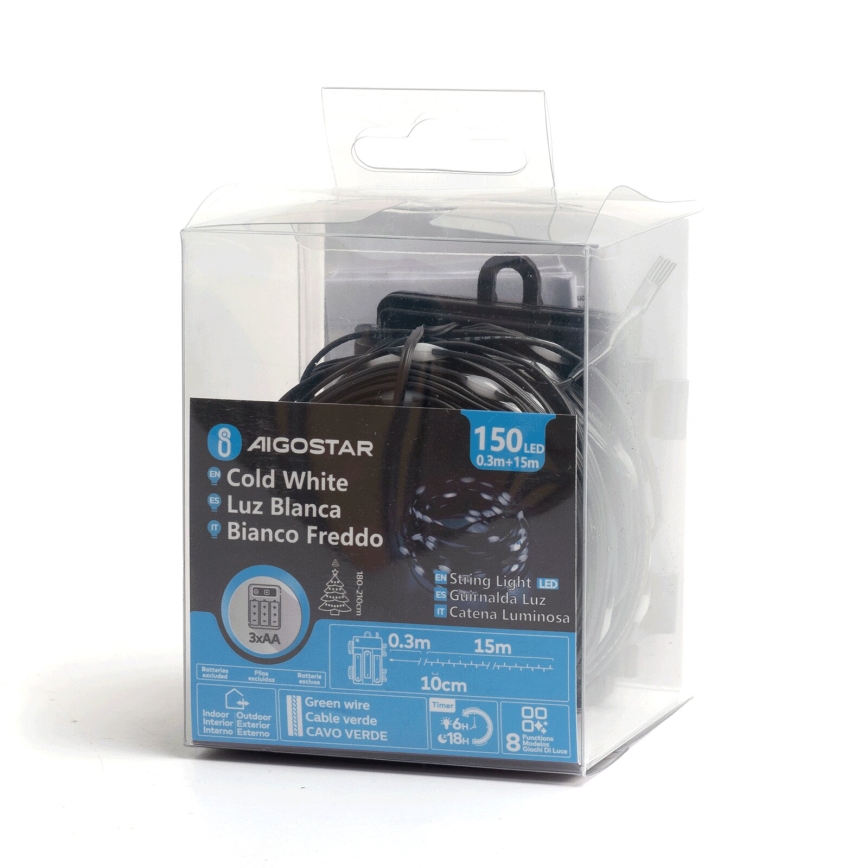 Aigostar - Udendørs LED julelyskæde 150xLED/8 funktioner 15,3m IP44 kold hvid