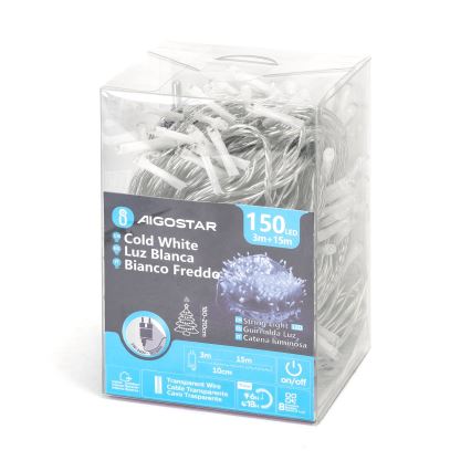 Aigostar - Udendørs LED julelyskæde 150xLED/8 funktioner 18m IP44 kold hvid