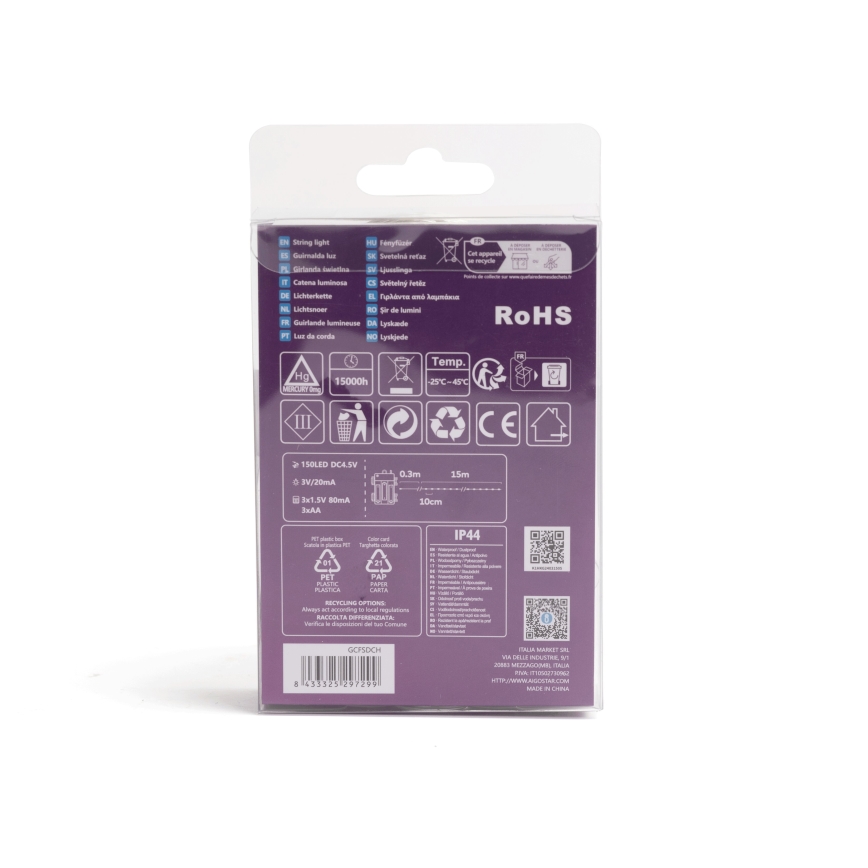 Aigostar - Udendørs LED julelyskæde 150xLED/8 funktioner/3xAA 15,3 m IP44 flerfarvet