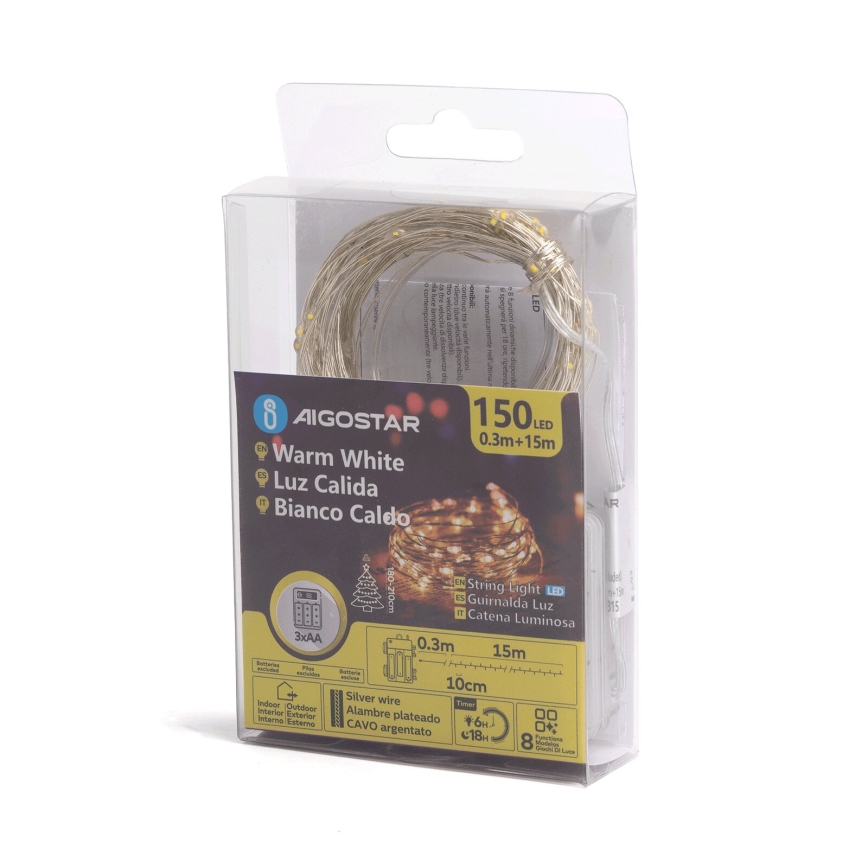 Aigostar -Udendørs LED julelyskæde 150xLED/8 funktioner 3xAA 15,3m IP44 varm hvid