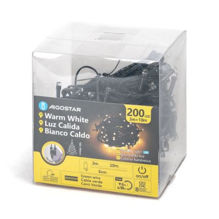 Aigostar - Udendørs LED julelyskæde 200xLED/8 funktioner 13m IP44 varm hvid