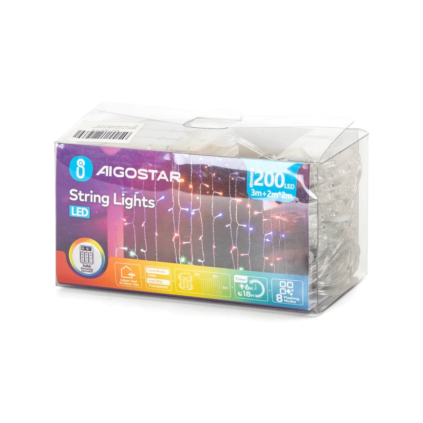 Aigostar - Udendørs LED julelyskæde 200xLED/8 funktioner 3xAA 5x2m IP44 flerfarvet