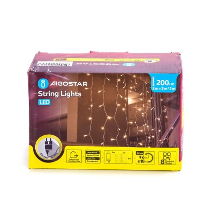 Aigostar - Udendørs LED julelyskæde 200xLED/8 funktioner 5x2 m IP44 varm hvid