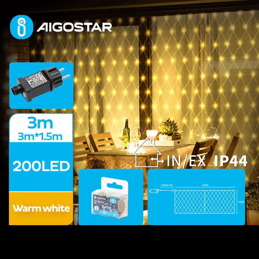 Aigostar - Udendørs LED julelyskæde 200xLED/8 funktioner 6x1,5m IP44 varm hvid