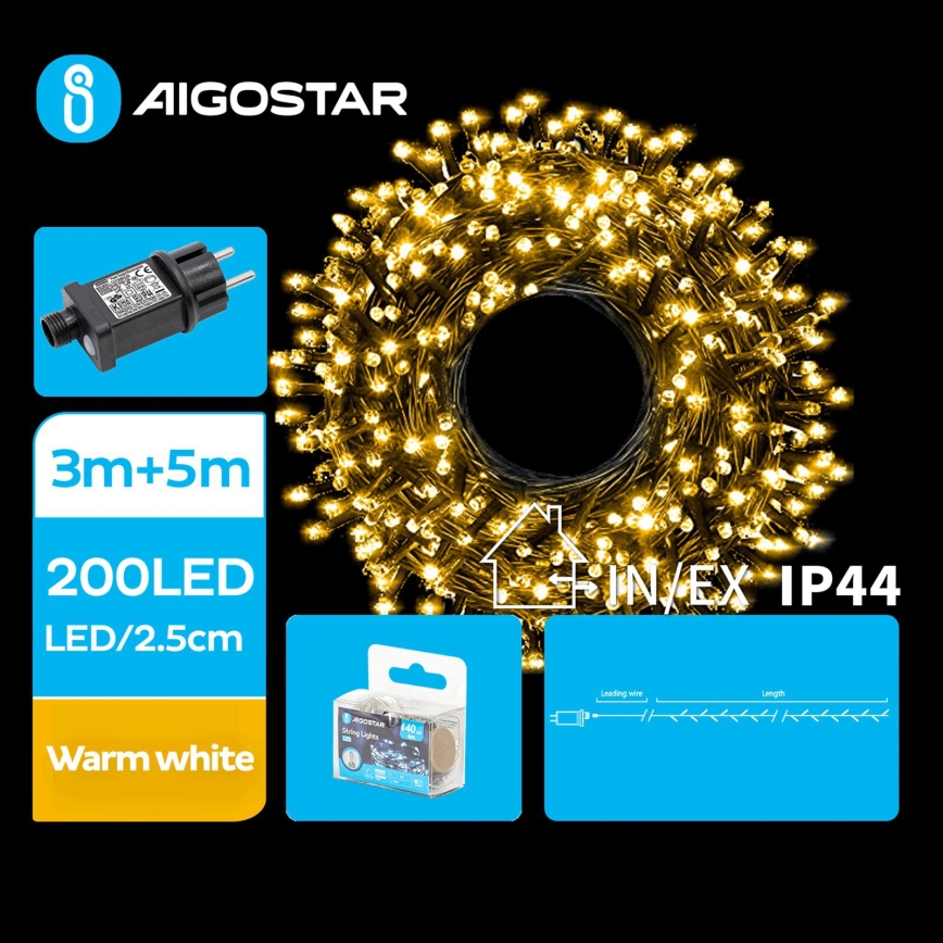 Aigostar - Udendørs LED julelyskæde 200xLED/8 funktioner 8m IP44 varm hvid