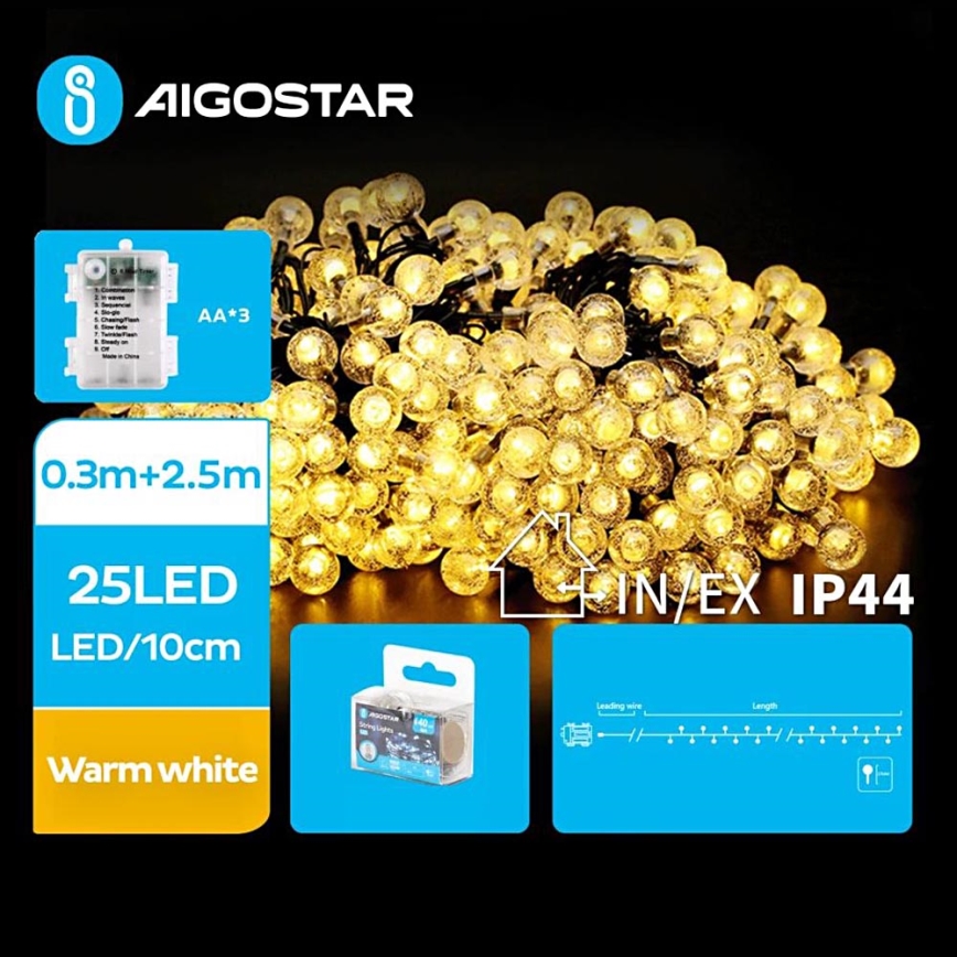 Aigostar - Udendørs LED julelyskæde 25xLED/3xAA/8 funktioner 2,8 m IP44 varm hvid