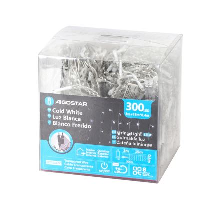 Aigostar - LED udendørs julelyskæde 300xLED/6W/230V/8 funktioner 15x0,4m IP44 kold hvid